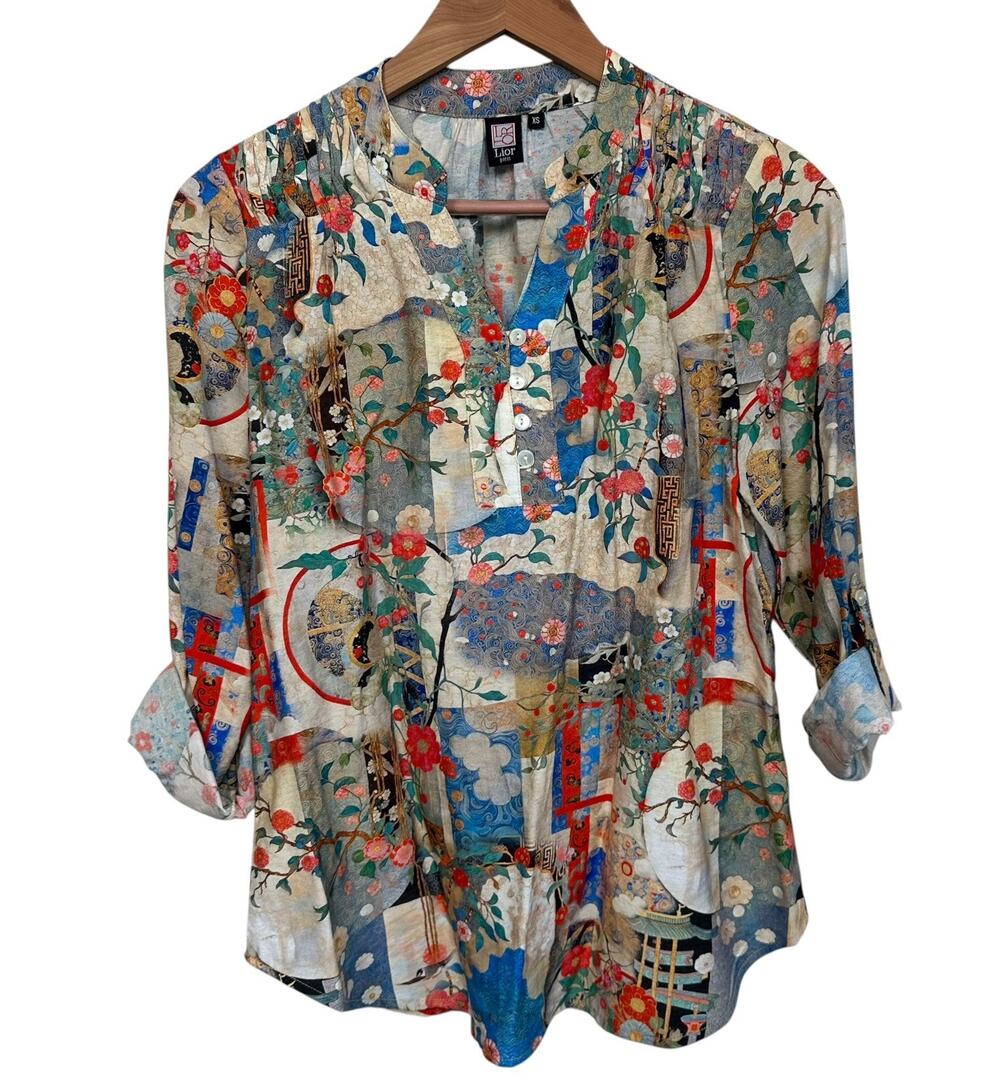 Lior Paris Joelle-9 Pleat Smock Shoulder Floral V-Neck Artsy Blouse Size XS